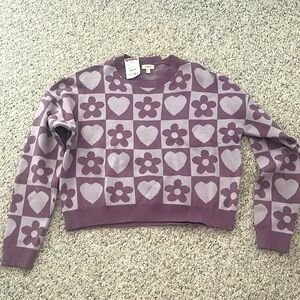 Lavender floral + heart checker print TJ Maxx Sweater- never worn, size Large